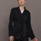 Model is wearing Lightweight Scuba Tie Jacket in Black, front view.