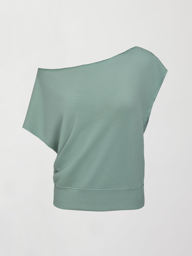 Short Sleeve Off Shoulder Sweatshirt in French Terry - Granite Green