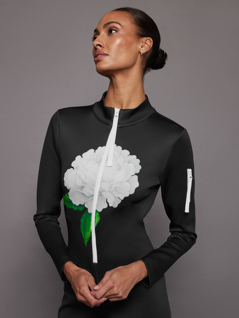 Black Jumpsuit With White Flower - Black
