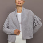 Women’s platinum open-front cardigan with shawl collar, front view.
