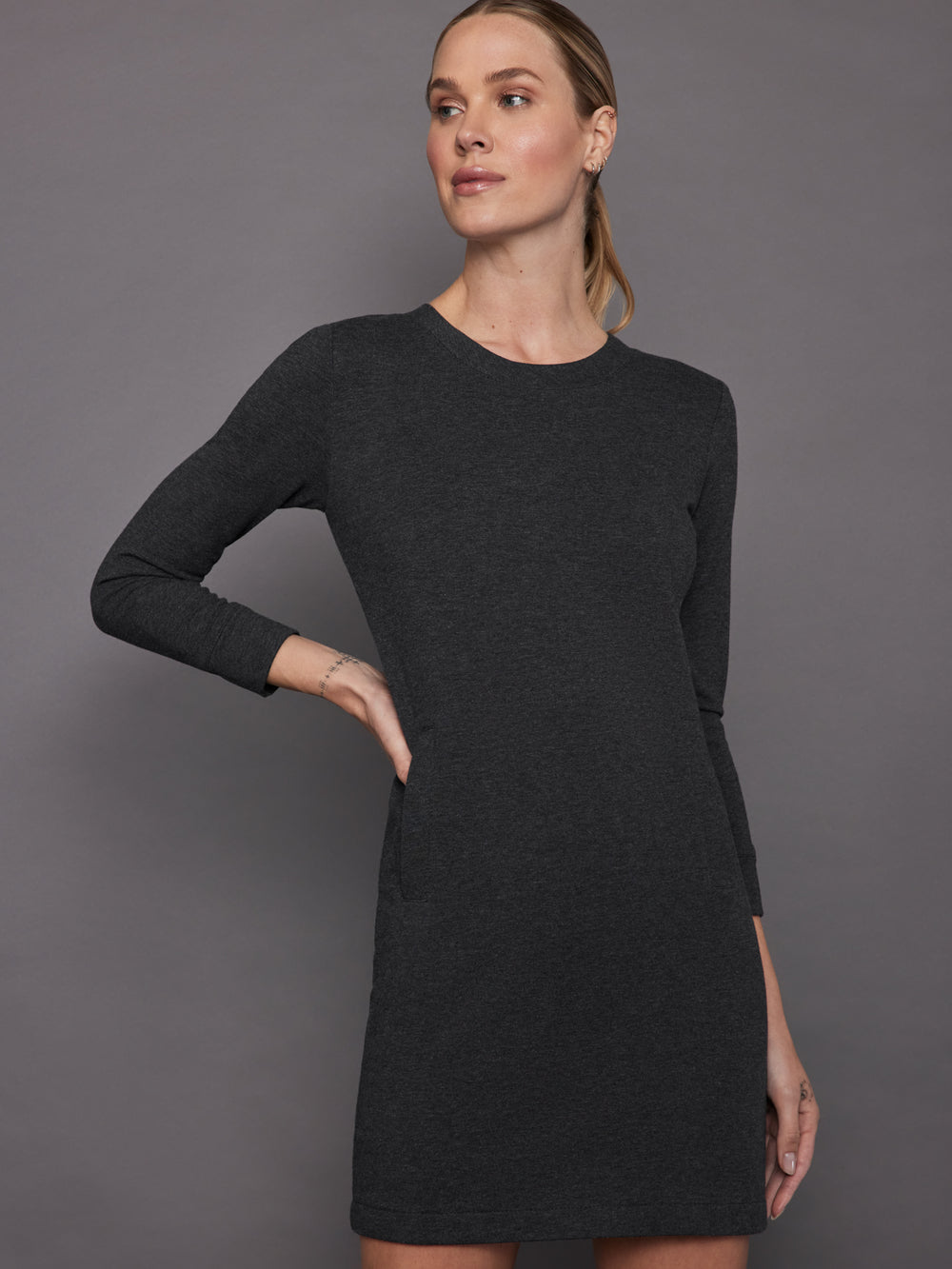 3/4 Sleeve Tailored Terry Mini Dress - Dark Heather Grey