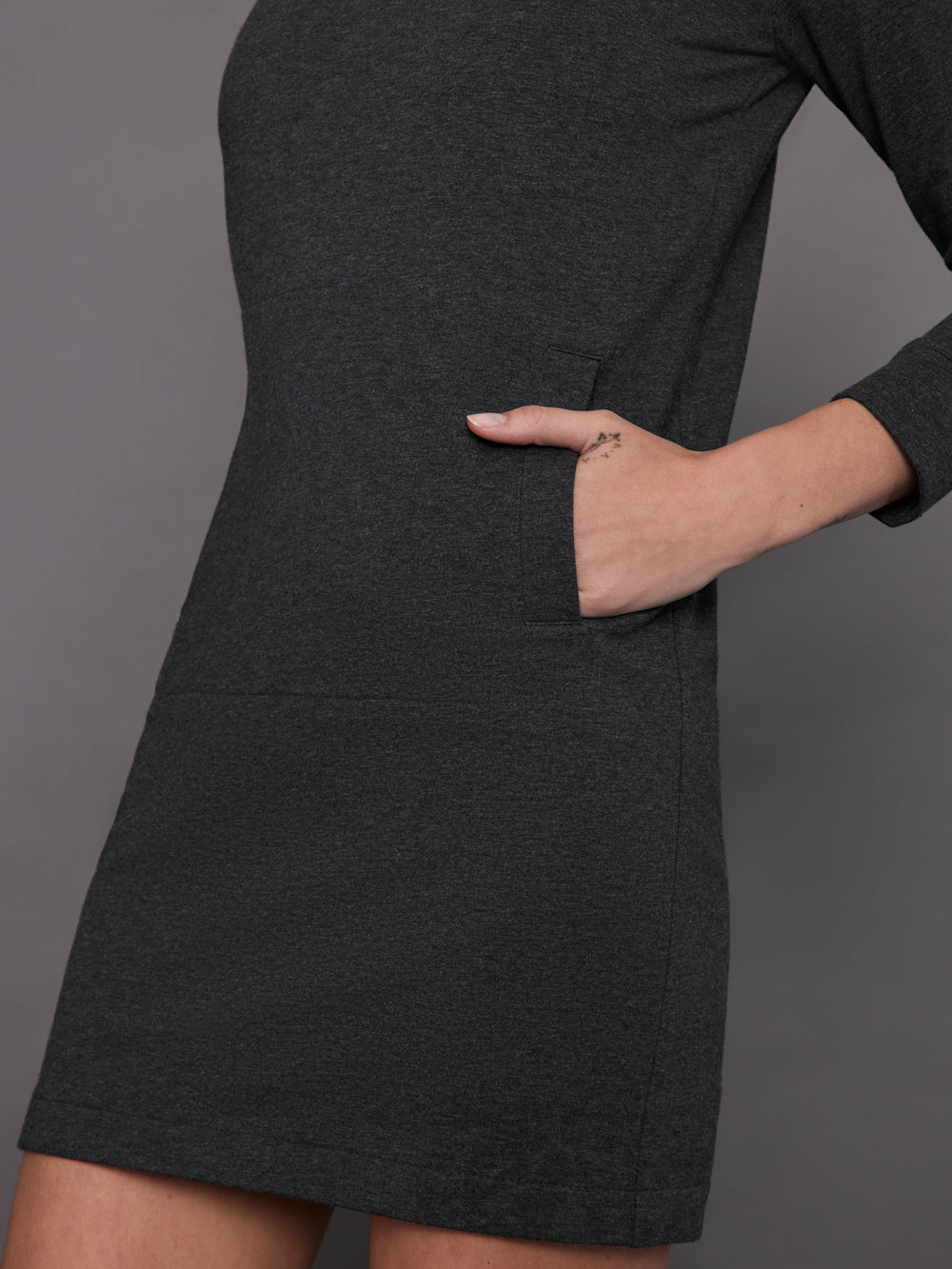 3/4 Sleeve Tailored Terry Mini Dress - Dark Heather Grey