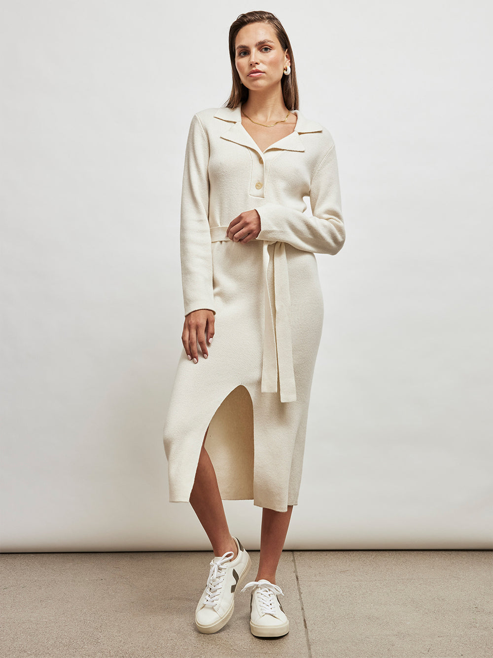 Collared Belted Dress - Ivory