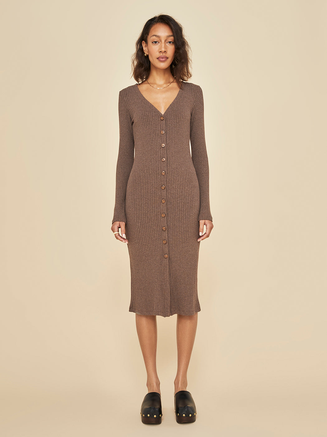 Long Sleeve Cardigan Rib Dress - Caramel Carbon38 Long Sleeve Cardigan Rib Dress - Caramel Carbon38