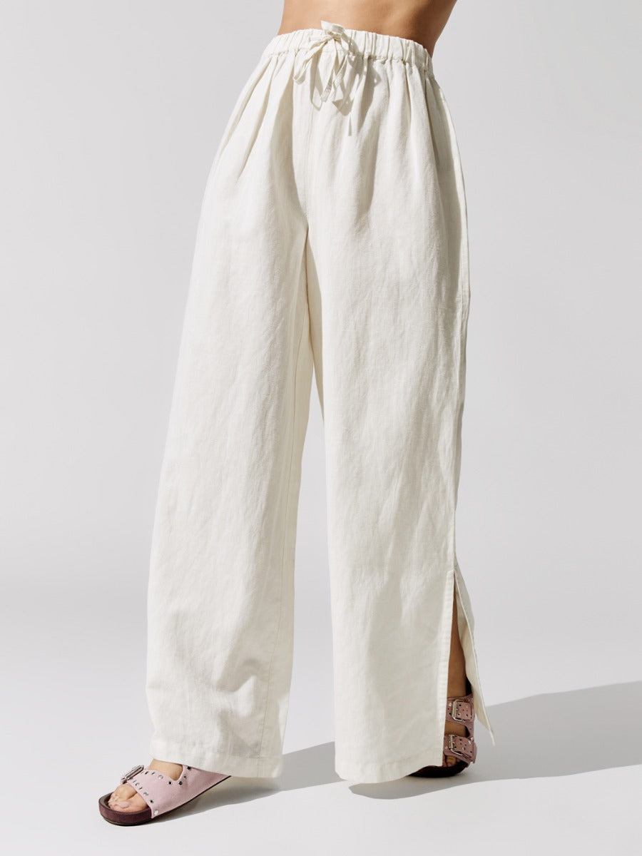 Linen Side Split Drawstring Pants - Off White – Carbon38