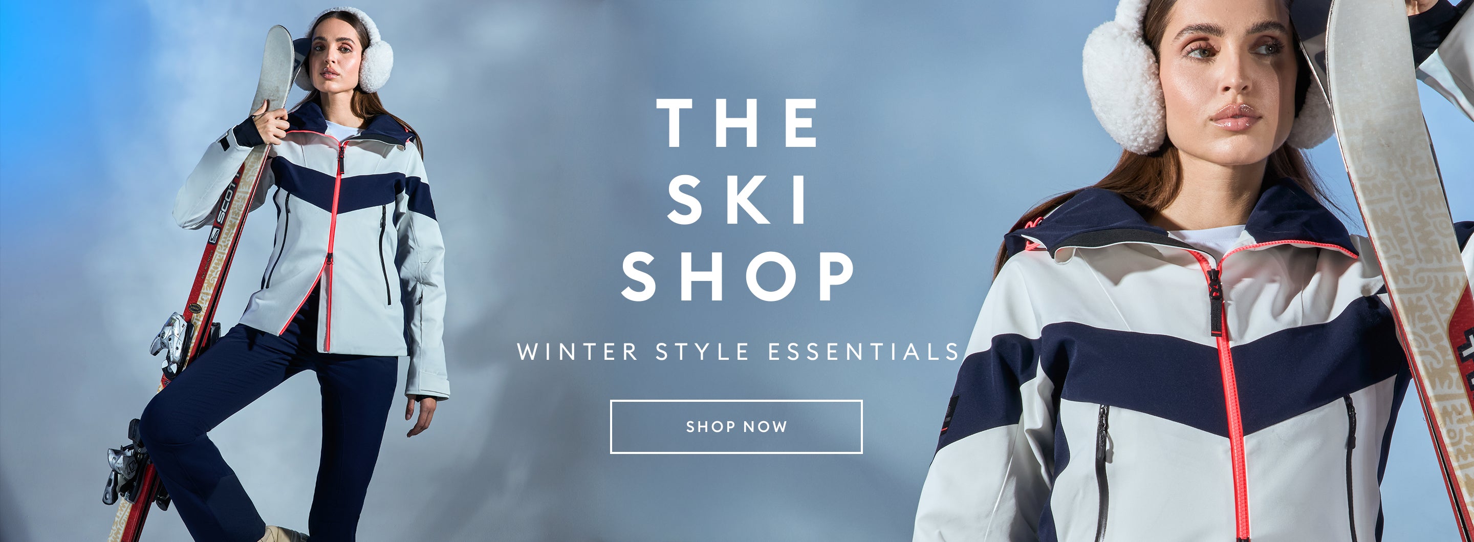 Model is wearing a navy and white ski jacket and navy ski pants. This image linking to the ski shop