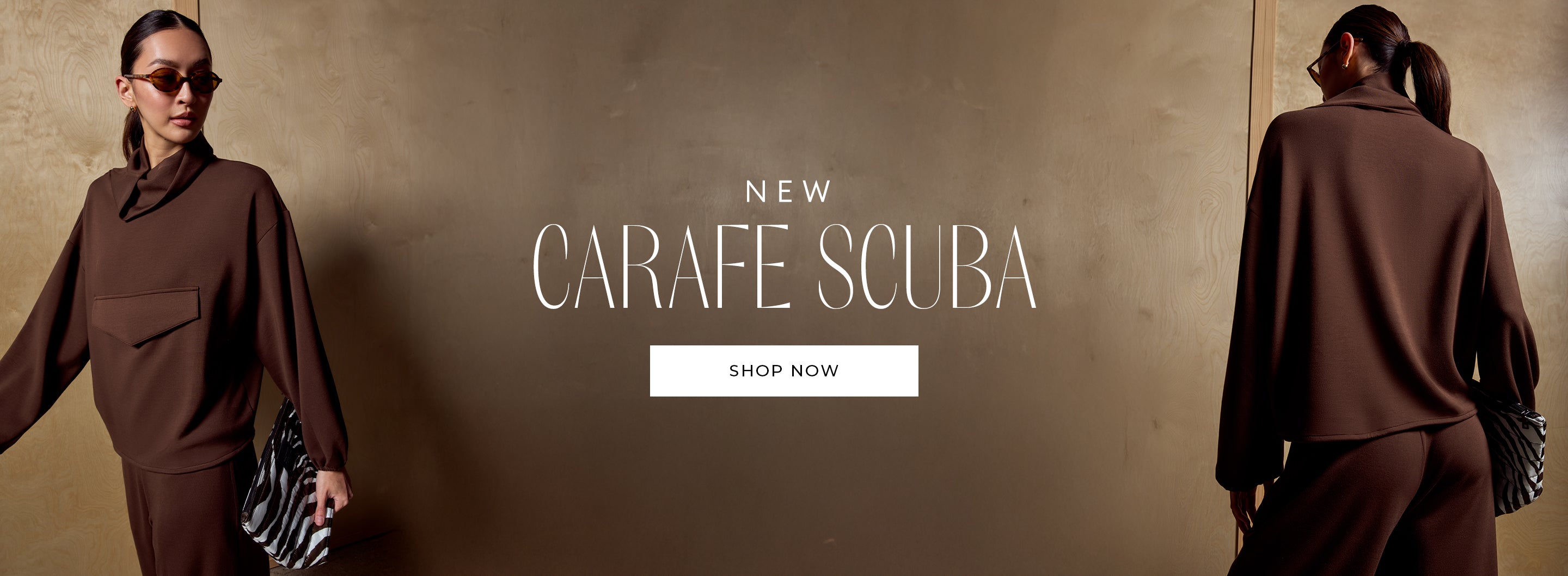 Woman in brown Carafe Scuba outfit with 'Shop Now' button on a beige background