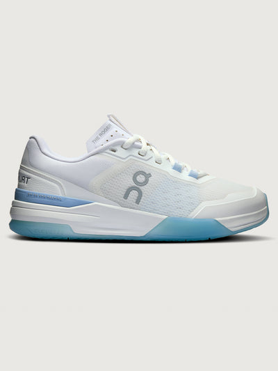 THE ROGER ADV Pro tennis shoe in white and chambray lateral side view with engineered mesh upper and CloudTec midsole.