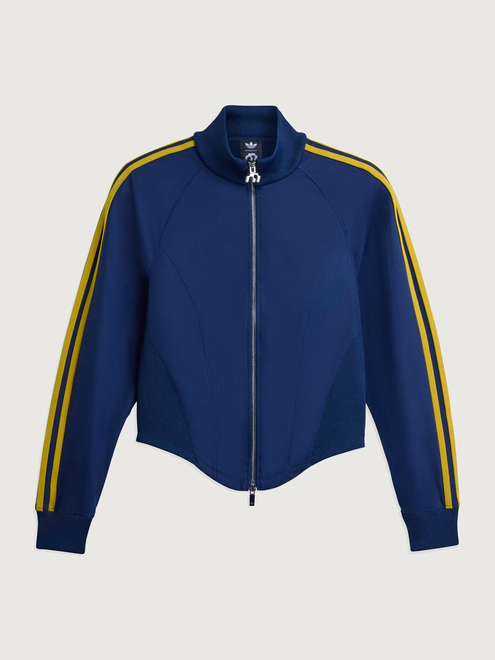 Front flat lay of the Miaou tracktop in collegiate navy showing a cropped zip front design with contrast stripe detailing.