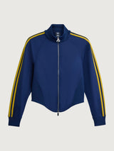 Front flat lay of the Miaou tracktop in collegiate navy showing a cropped zip front design with contrast stripe detailing.