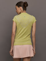 Model wears a short sleeve zip up activewear yellow/gold polo. 