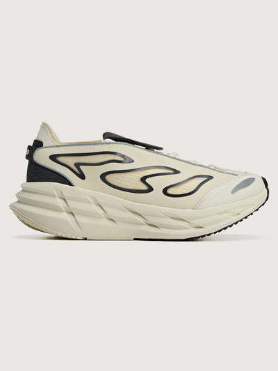 White and black sneaker with unique design on a white background
