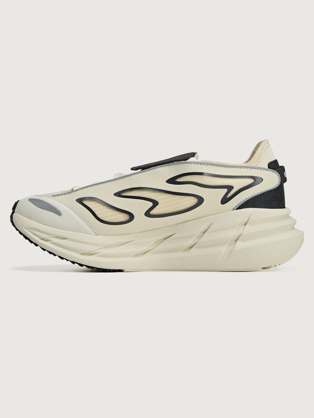 White and black sneaker with unique design on a white background