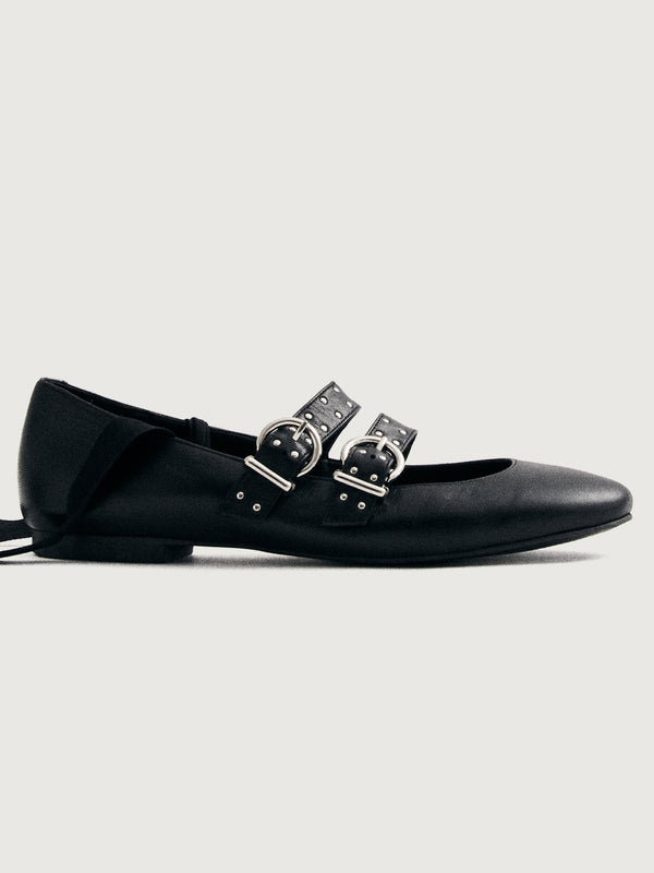 Thekla Black Leather Ballet Flat - Black