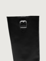 Black knee-high boot with silver buckles.