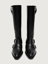 Black knee-high boot with silver buckles.