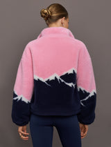 Back view of Lenoa Sherpa Top in Snowy Peaks showing colorblock mountain design.