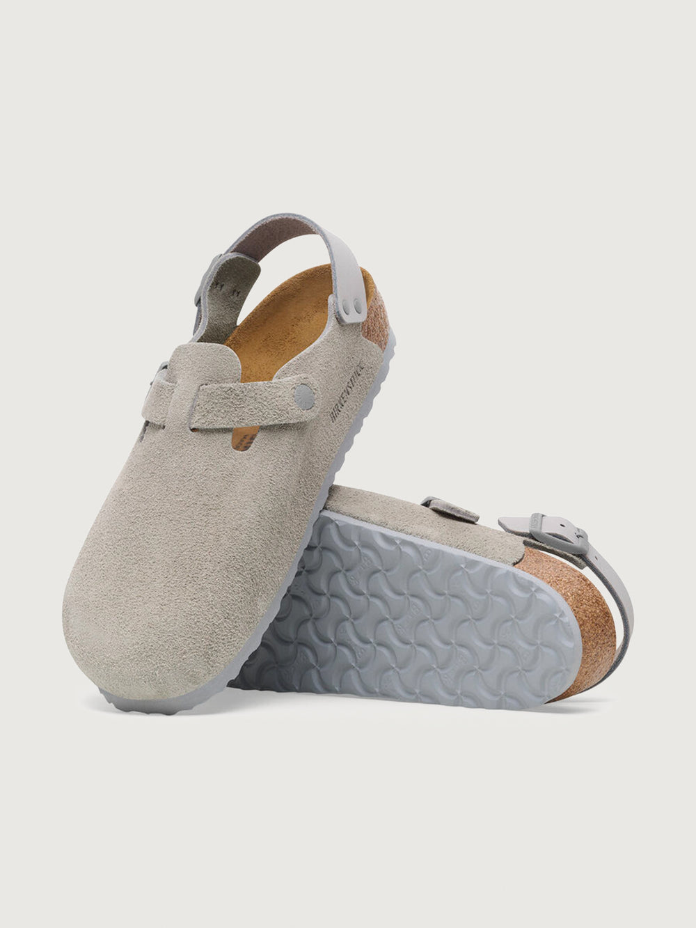 Stone colored suede boston birkenstocks.