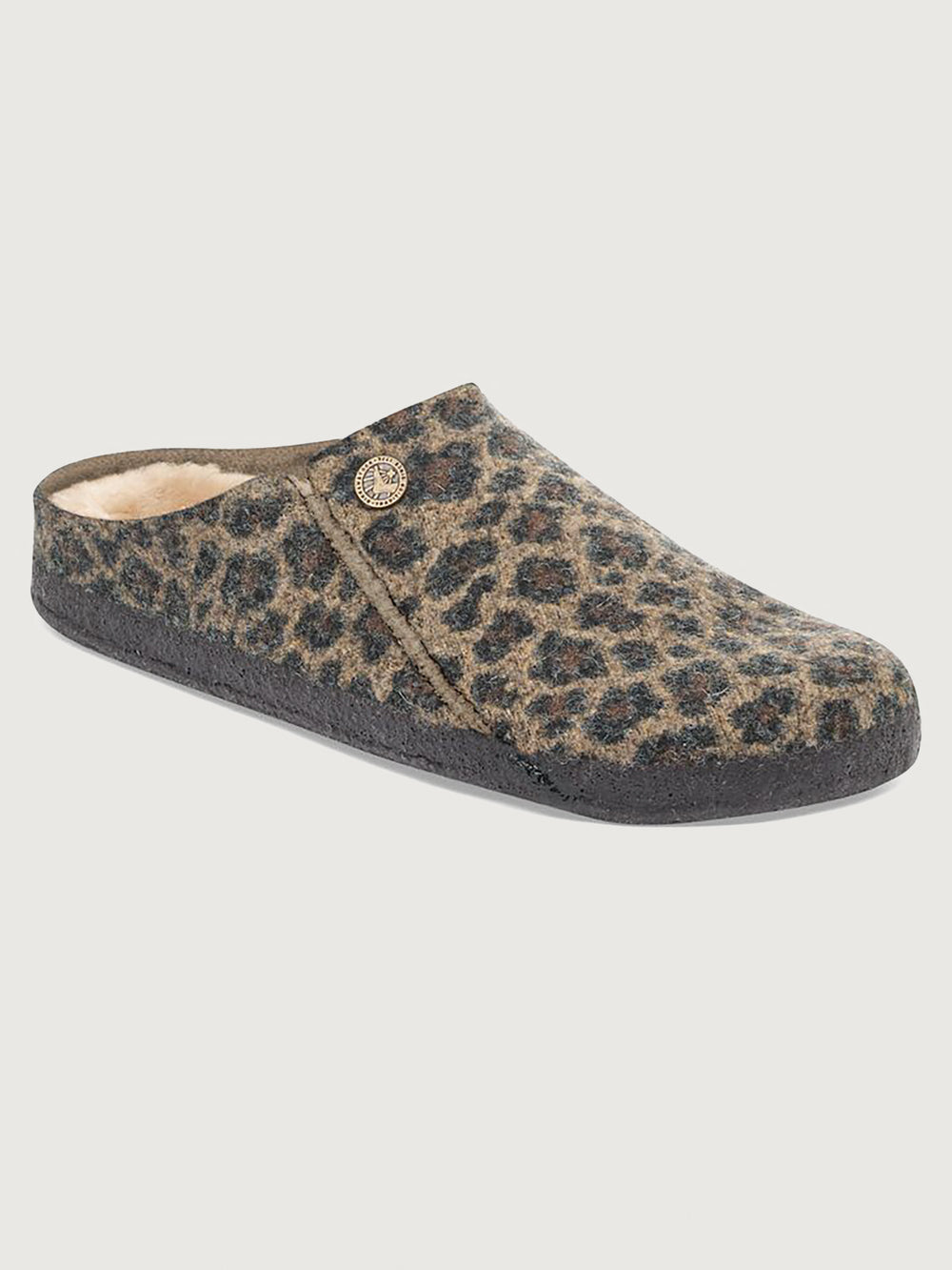 Leopard print slipper with gray sole on a light gray background