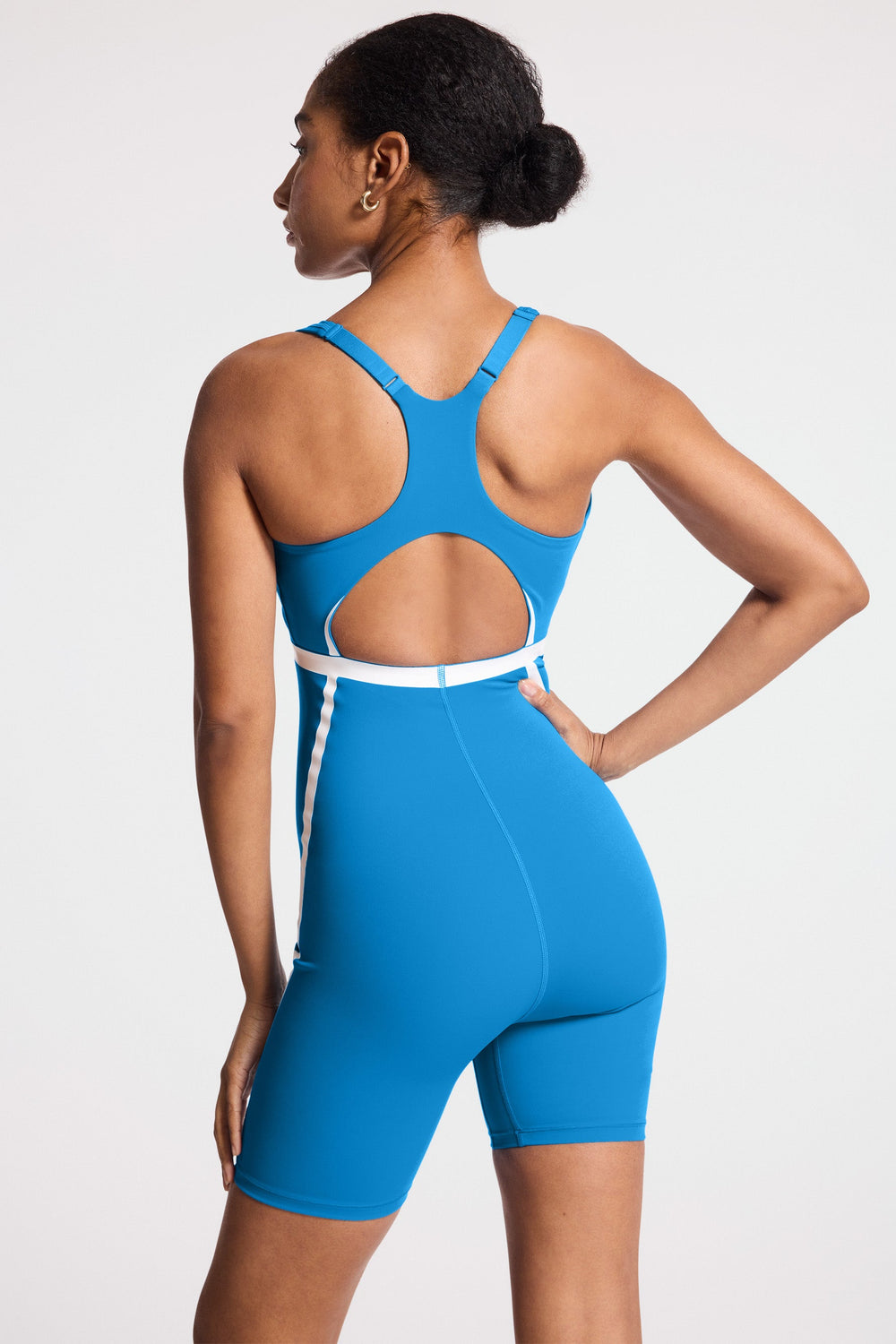 V-Neck Plunge Contrast Short Catsuit - French Blue/white