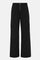 A pair of black mid-rise wide leg cargo pants with cargo pockets on side, silver zipper in front. 