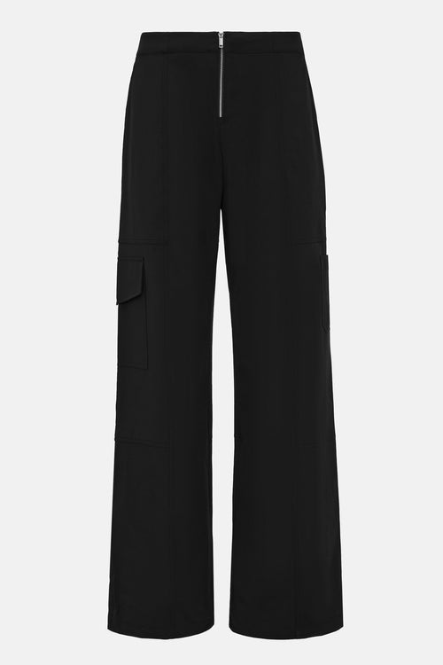 A pair of black mid-rise wide leg cargo pants with cargo pockets on side, silver zipper in front. 