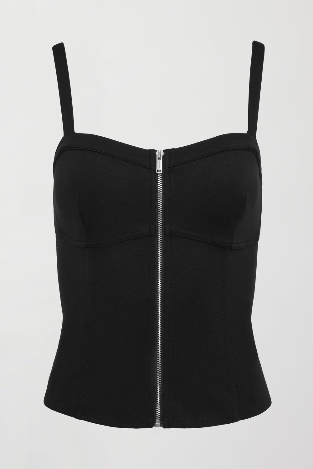 A black tank top with corseted silhouette and silver zipper extending from top to bottom in center. 