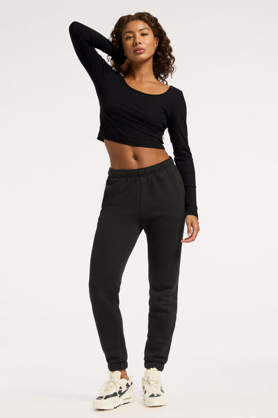 Rivington Ribbed Long Sleeve Scoop Neck Crop Top - Black