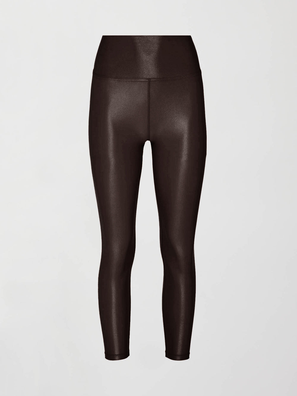 Flat lay of High Rise 7/8 Legging in Takara Shine in Chocolate Torte with sculpting waistband and 7/8 length silhouette.
