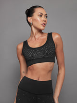 Rhinestones Cut Out Scoop Bra in Diamond Compression - Black