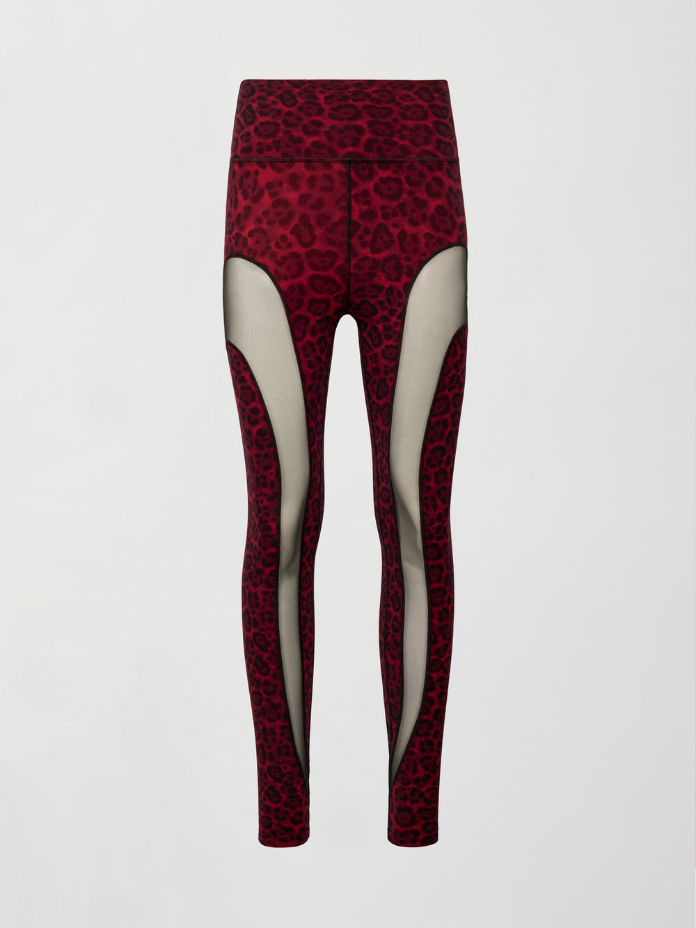 Flat lay of Melt sheer spliced leggings in red leopard, front view.
