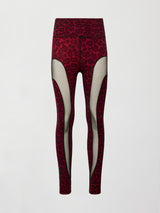 Flat lay of Melt sheer spliced leggings in red leopard, front view.