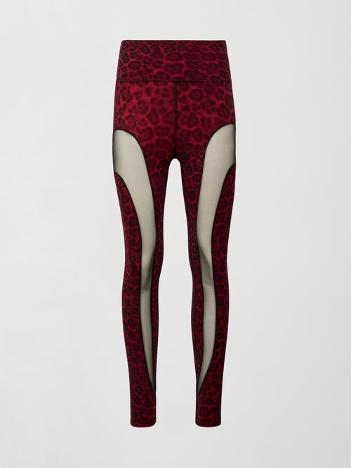 Flat lay of Melt sheer spliced leggings in red leopard, front view.