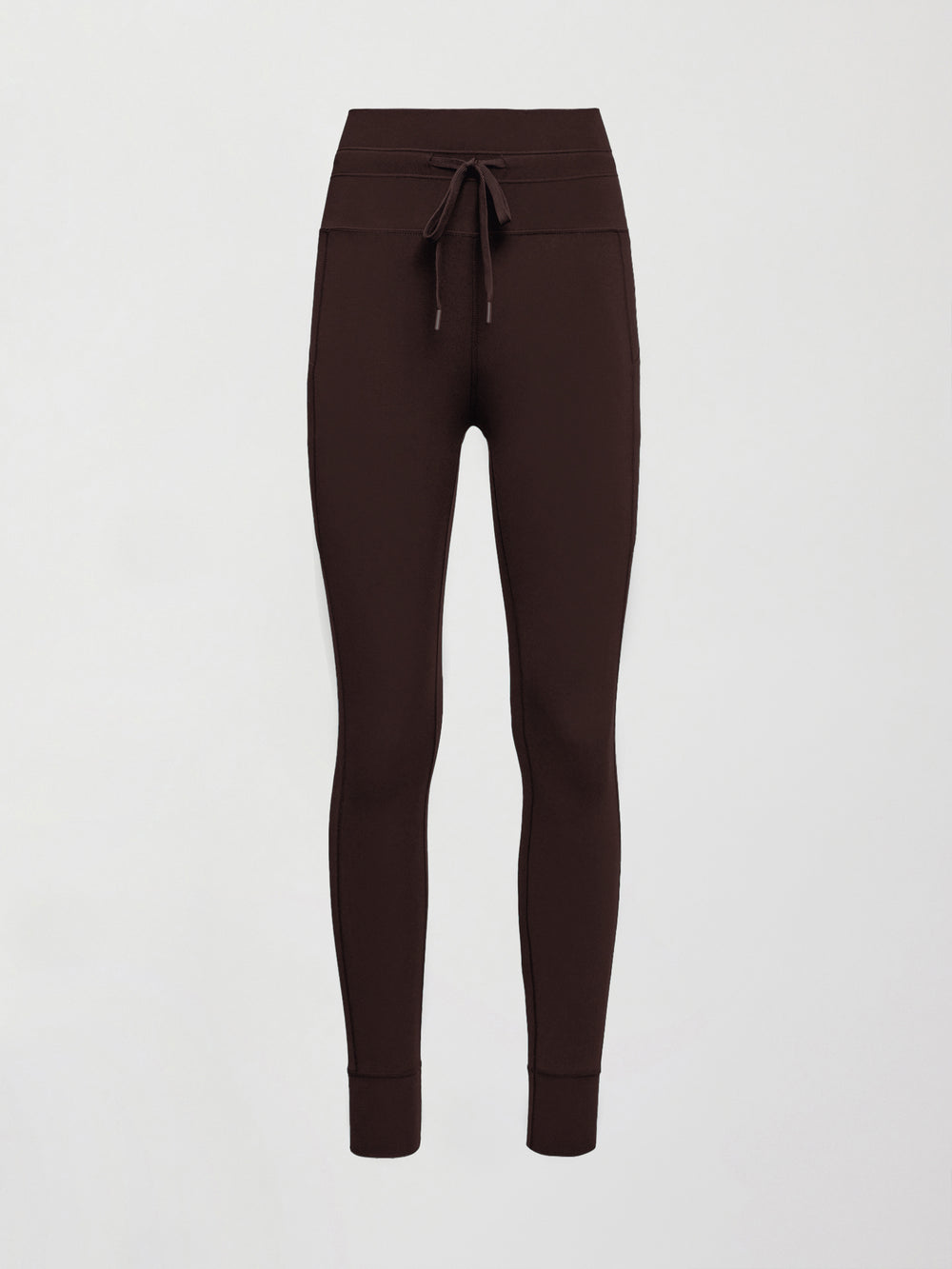 Dark brown high-rise leggings with drawstring waistband and slim side pockets, flat lay front view on white background, perfect for low impact workouts.