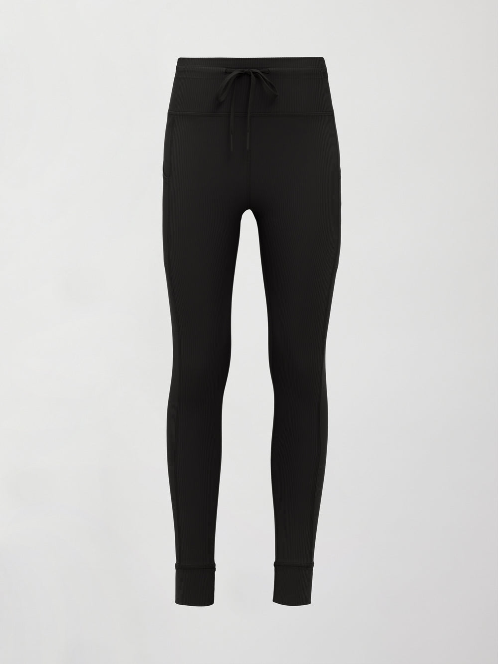 Flat lay front view of Ribbed Melt High Rise Pocket Legging in Black with drawstring tie.