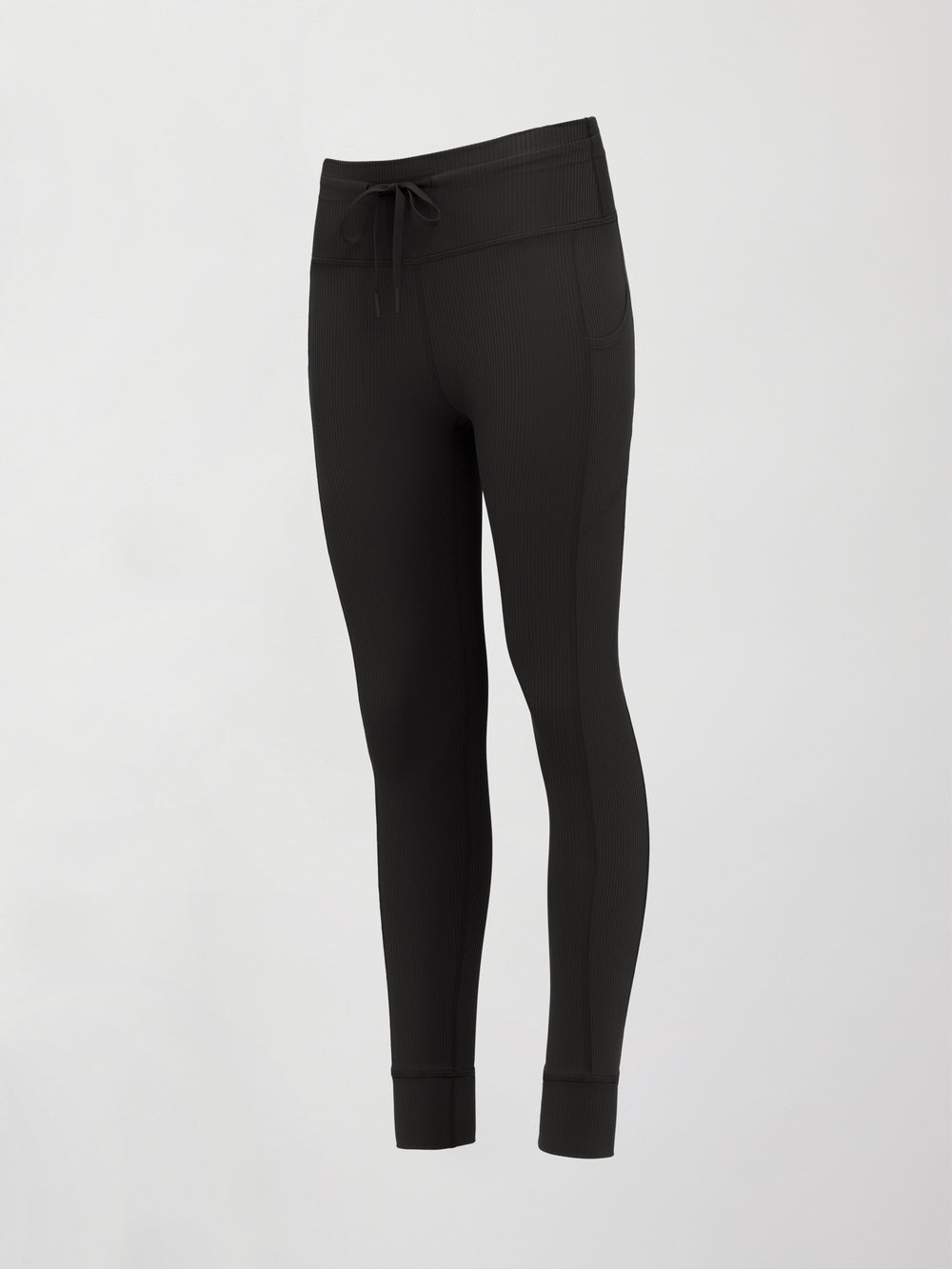 Flat lay angled view of Ribbed Melt High Rise Pocket Legging in Black showing pocket detail.