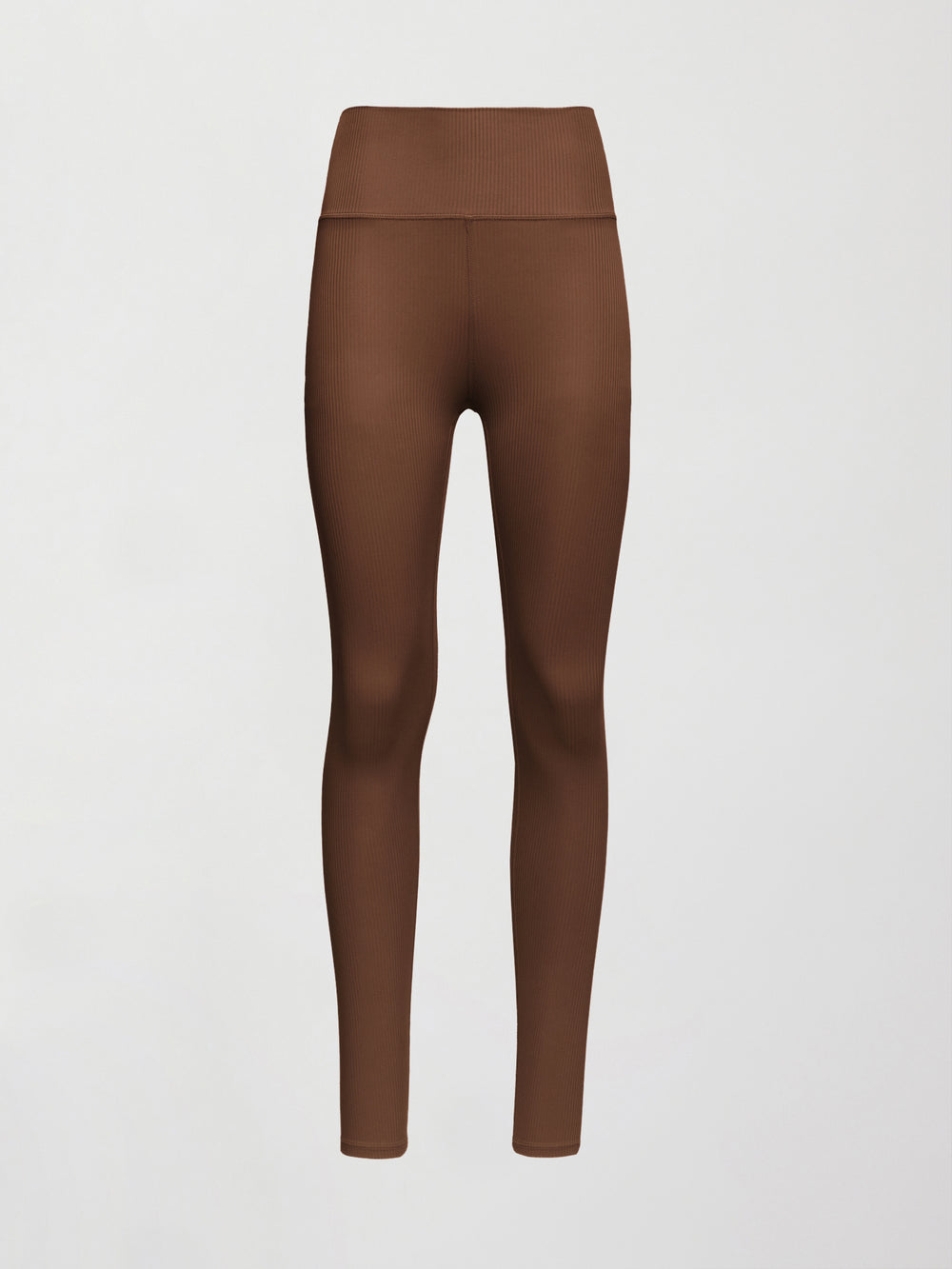 Flat lay of cocoa brown ribbed high-rise leggings on white background, full length view.