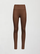 Flat lay of cocoa brown ribbed high-rise leggings on white background, full length view.