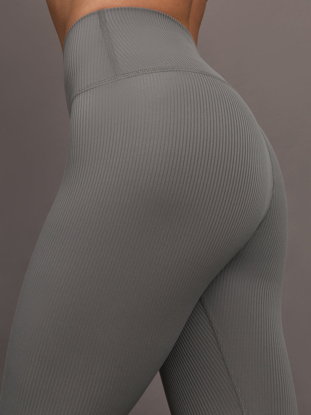 Close up of waistband and ribbed texture on Ribbed Melt High Rise Legging in Steel Grey.