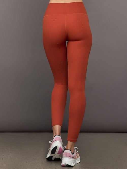 Back view of ribbed terracotta high-rise leggings on model.