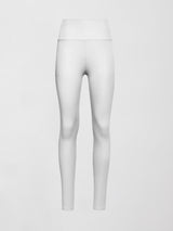 Flat lay of ribbed white high-rise leggings, front view.