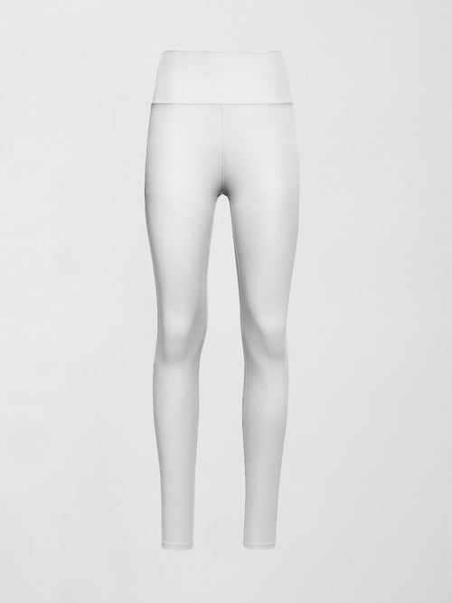 Flat lay of ribbed white high-rise leggings, front view.