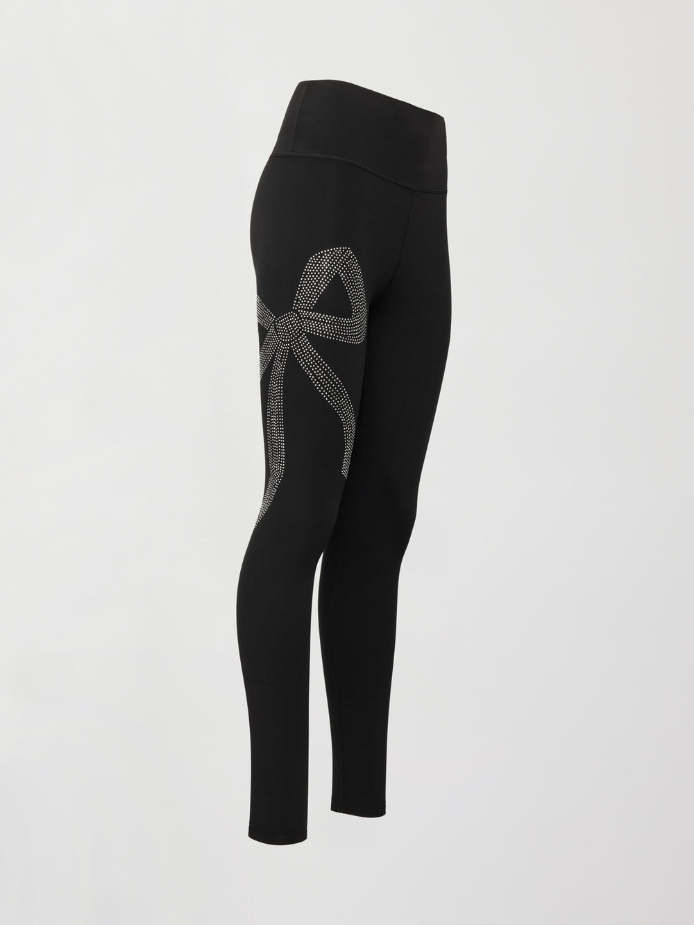 Rhinestone Bow Legging in Melt Black with rhinestone bow design, side product view on white background.
