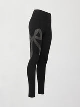 Rhinestone Bow Legging in Melt Black with rhinestone bow design, side product view on white background.