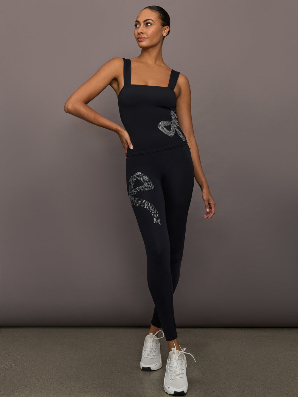 Full outfit view of Rhinestone Bow Legging in Melt Black styled with matching square neck top.
