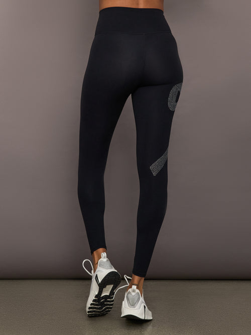 Back view of Rhinestone Bow Legging in Melt Black with rhinestone bow design on leg.