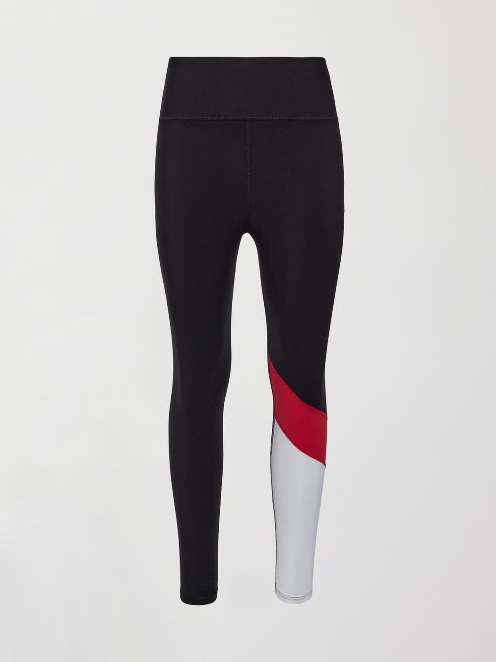 Flat lay of Melt high-rise colorblock legging in black crimson white.