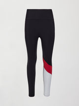 Flat lay of Melt high-rise colorblock legging in black crimson white.