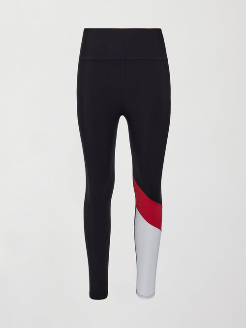 Flat lay of Melt high-rise colorblock legging in black crimson white.