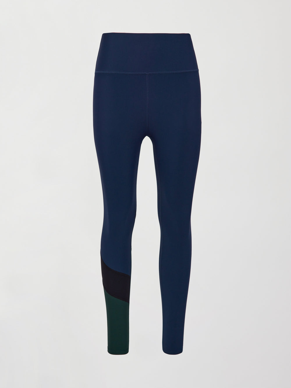 Flat lay of Melt High-Waisted Colorblock Legging in Navy, Black, and Forest, front view.